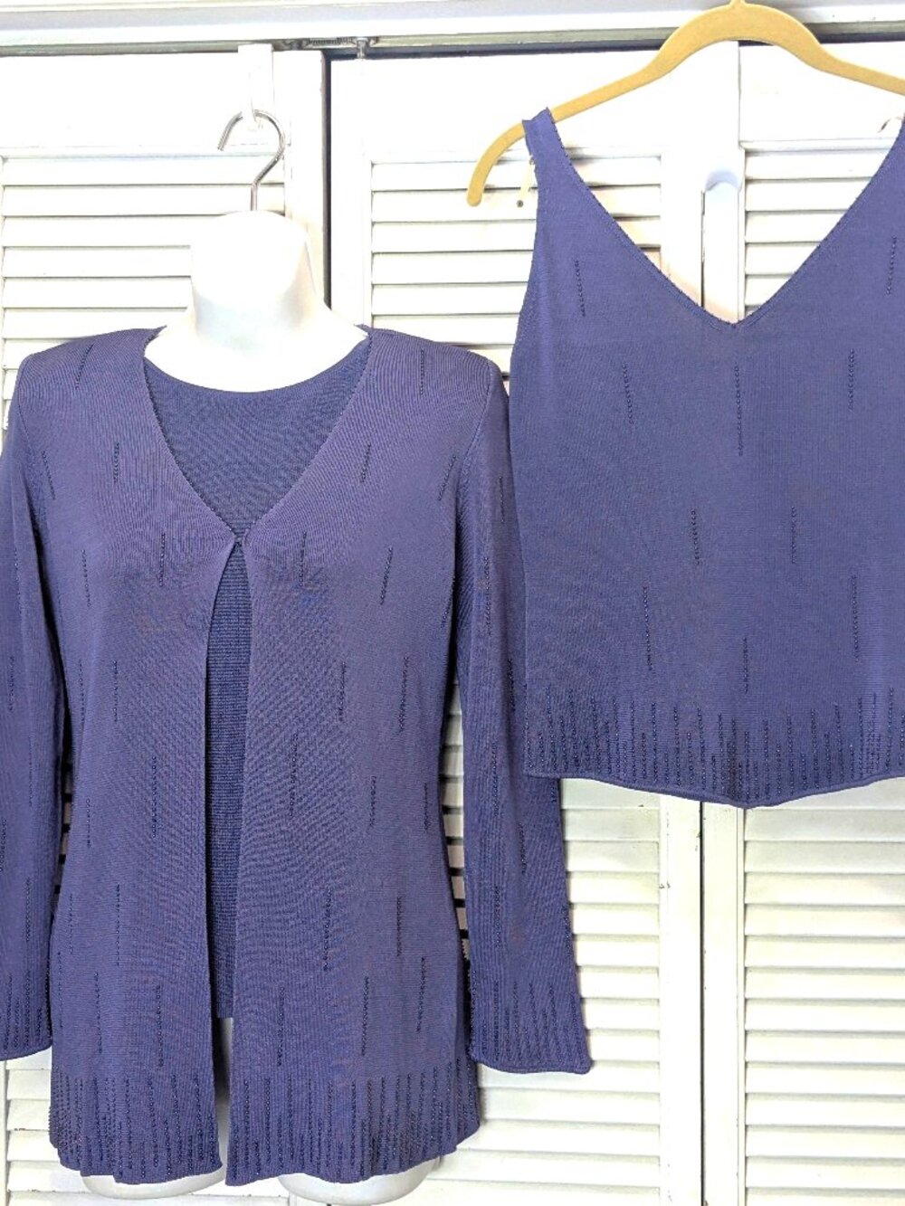 VTG Dana Buchman Silk Cardigan Sweater Set 3 pc Purple Beaded SML Black Label